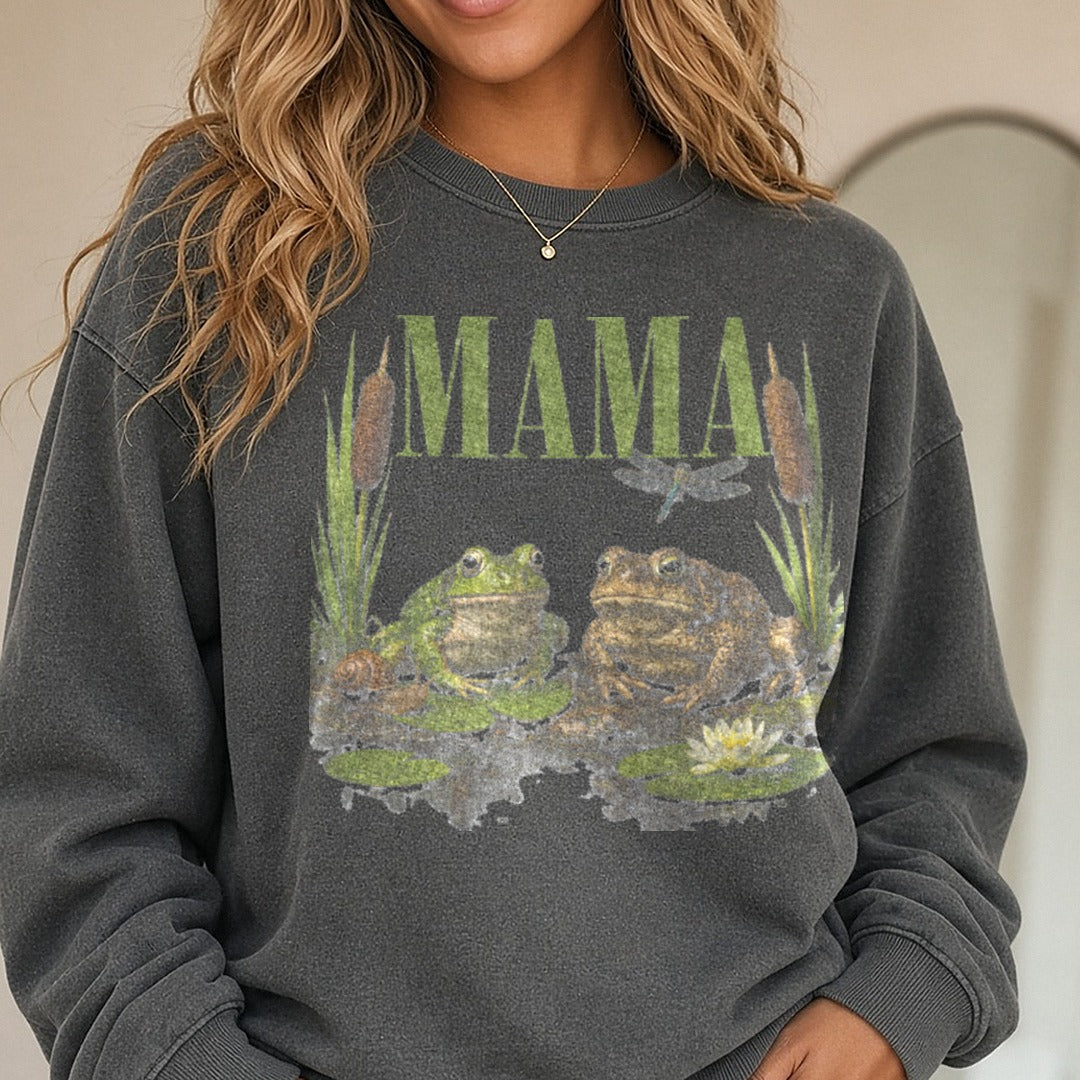 MAMA Frog with Baby Frog Pond Scene with Dragonfly and Cattails DTF transfer shown on a Comfort Colors sweatshirt