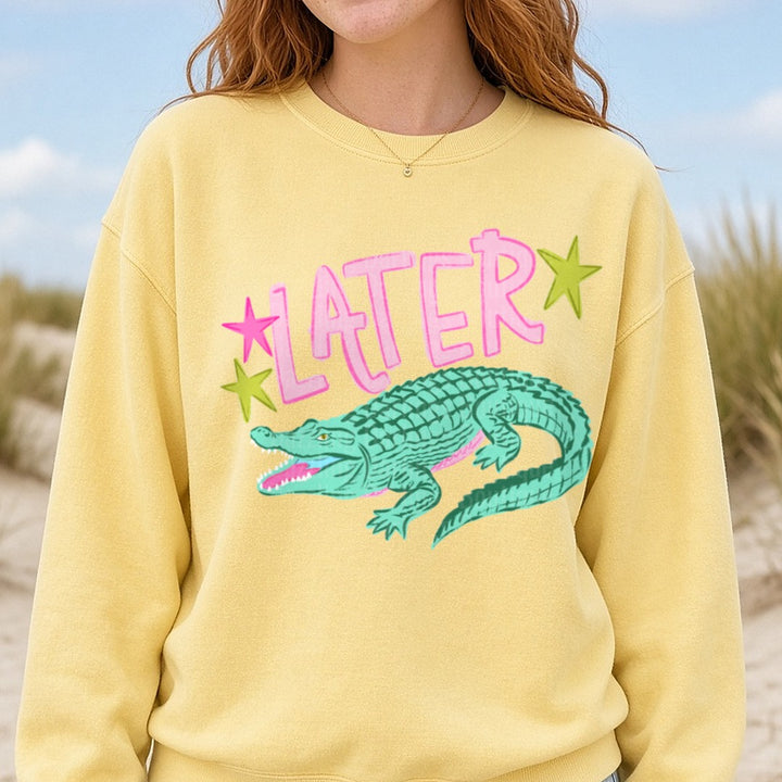 Later Gator with Pink Stars DTF transfer shown on a Comfort Colors sweatshirt