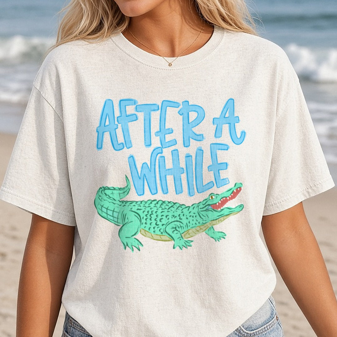 After While Alligator Vintage Blue Typography Design DTF transfer shown on a Comfort Colors tee