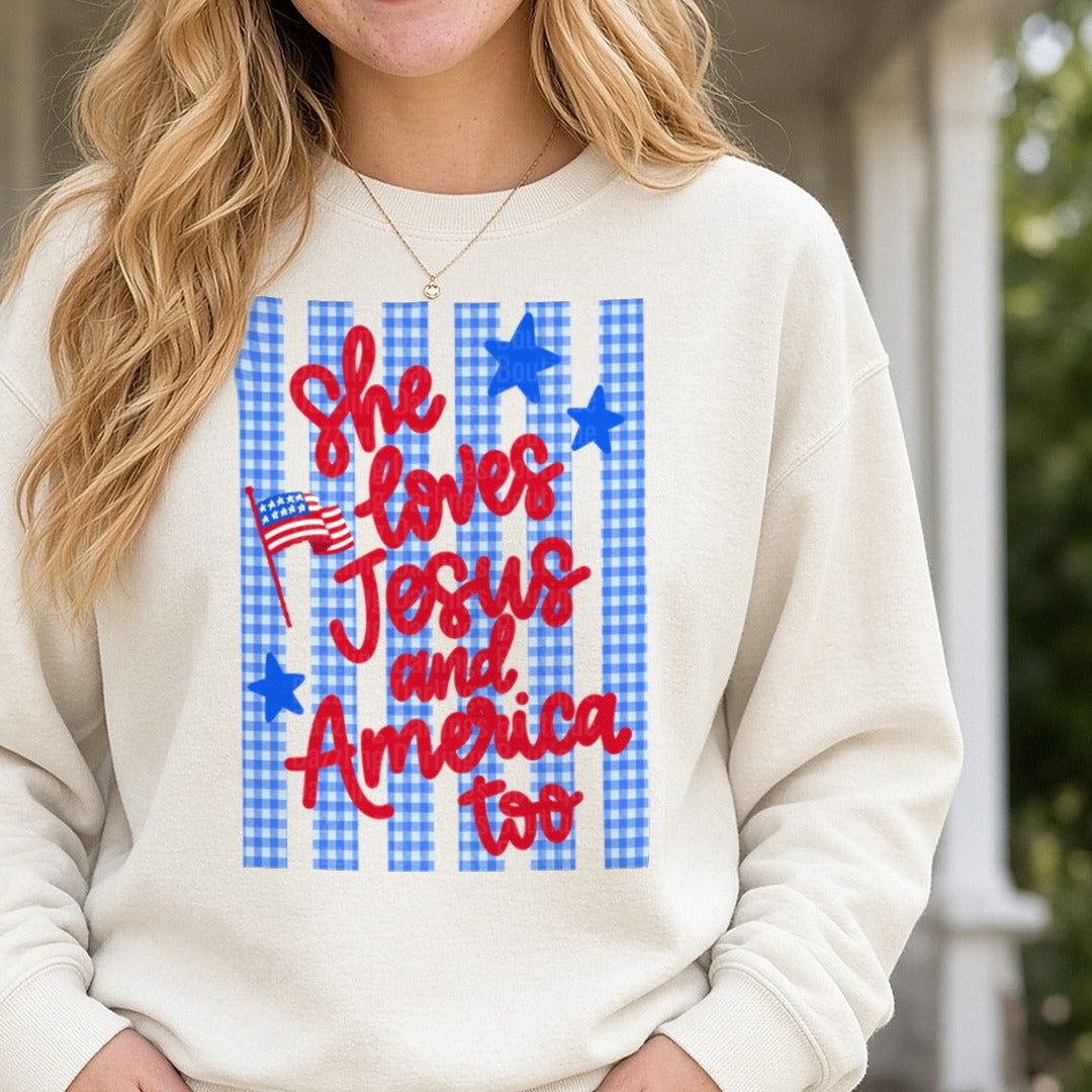 Lovesjesusandamericatoo DTF transfer shown on a Comfort Colors sweatshirt