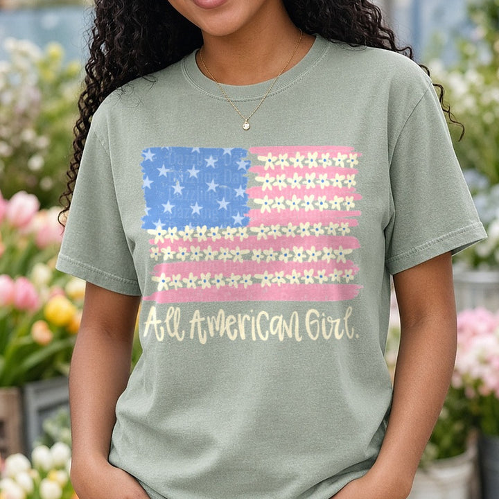All American Girl Daisy Flower Flag Design DTF transfer shown on a Comfort Colors tee