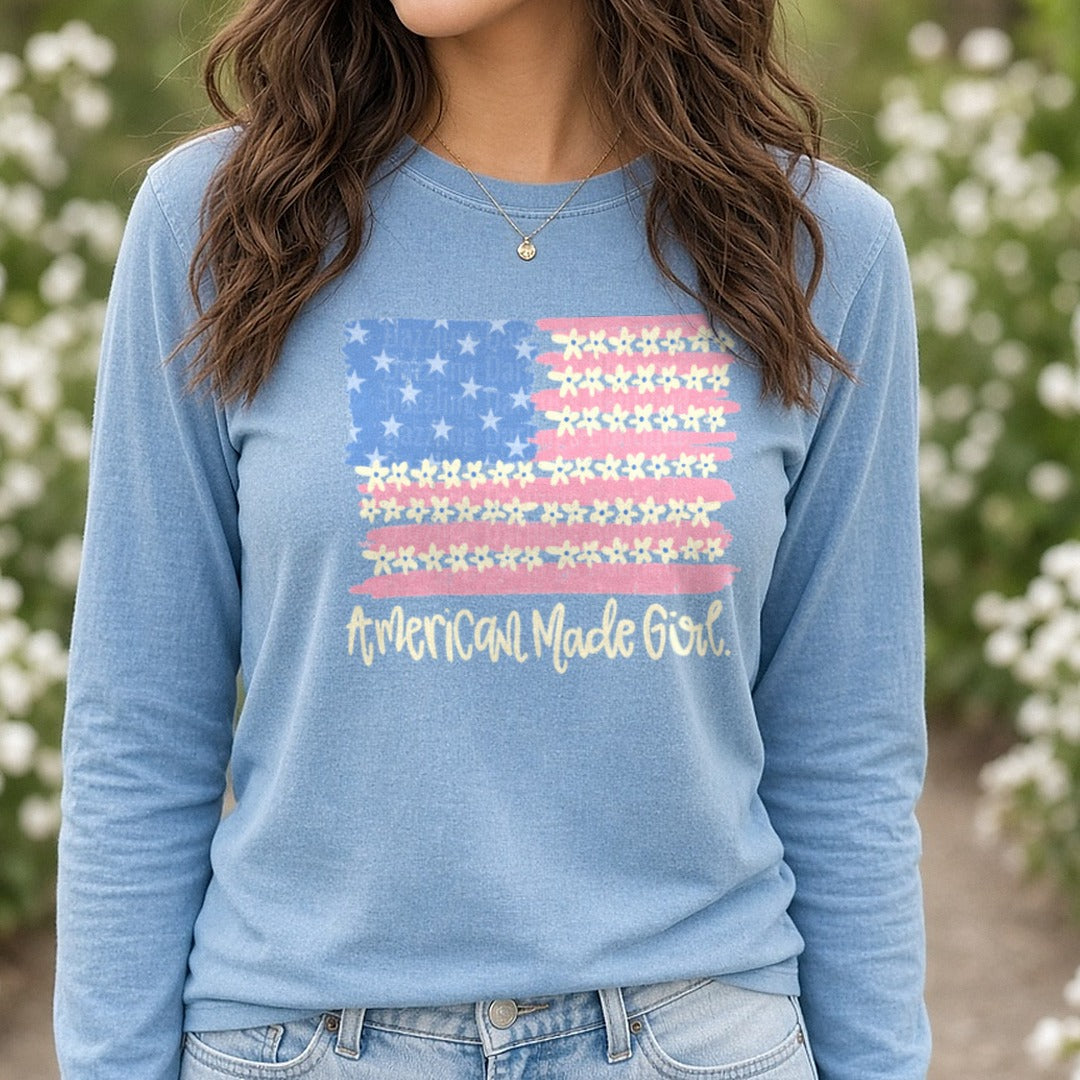 American Made Girl Daisy Flag with Distressed Paint Effect DTF transfer shown on a Comfort Colors long sleeve tee