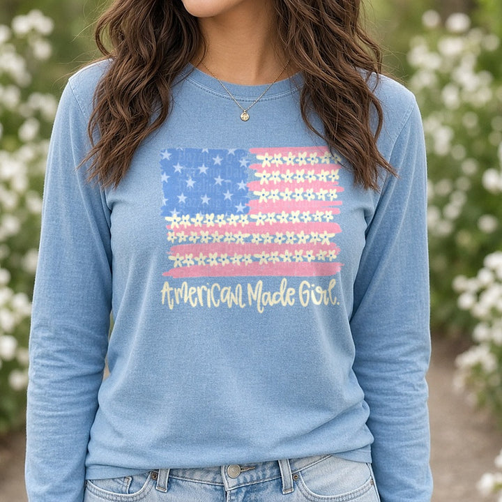 American Made Girl Daisy Flag with Distressed Paint Effect DTF transfer shown on a Comfort Colors long sleeve tee