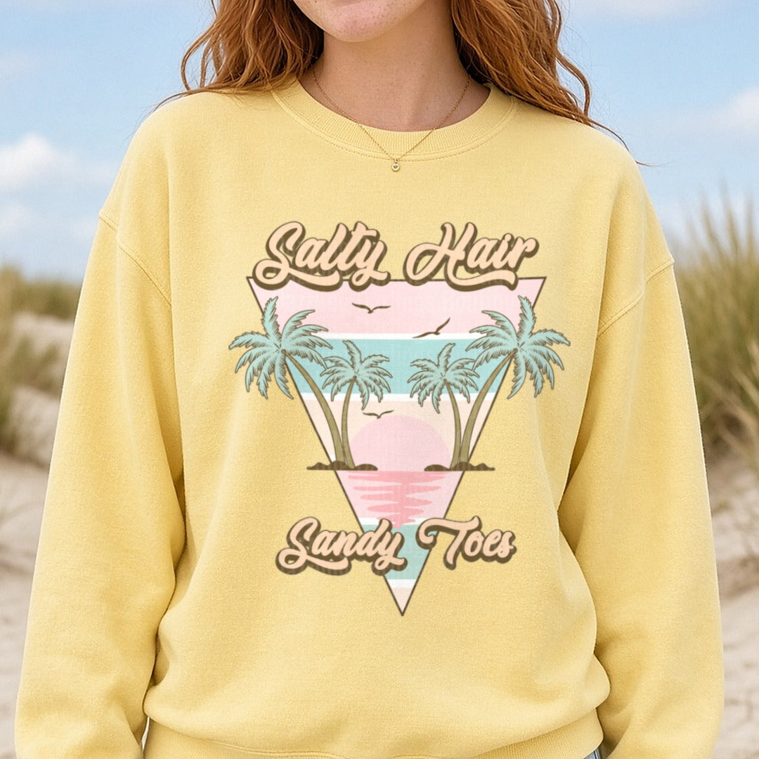Salty Hair Sandy Toes Tropical Palm Tree Triangle Beach Design DTF transfer shown on a Comfort Colors sweatshirt