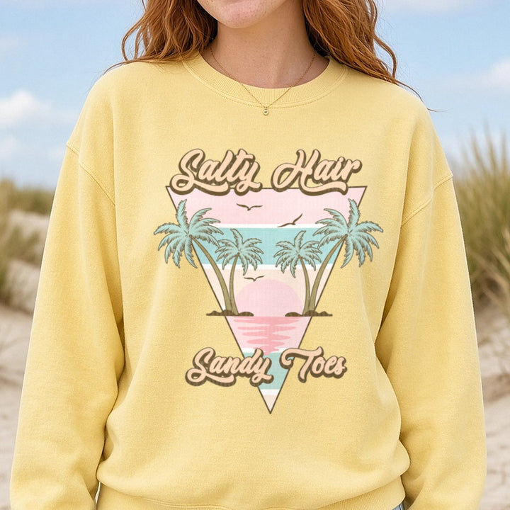 Salty Hair Sandy Toes Tropical Palm Tree Triangle Beach Design DTF transfer shown on a Comfort Colors sweatshirt