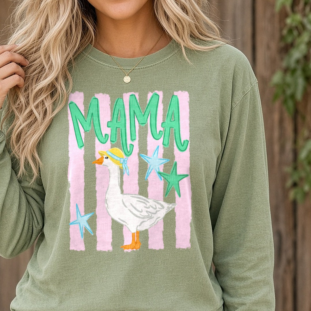 Mama Goose with Yellow Bandana and Stars on Pink Stripes DTF transfer shown on a Comfort Colors long sleeve tee