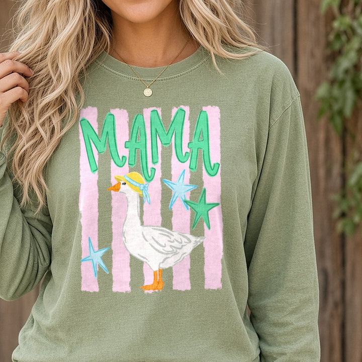 Mama Goose with Yellow Bandana and Stars on Pink Stripes DTF transfer shown on a Comfort Colors long sleeve tee