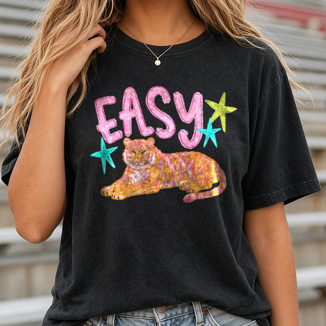 Easy Pink Tiger with Colorful Stars DTF transfer shown on a Comfort Colors tee