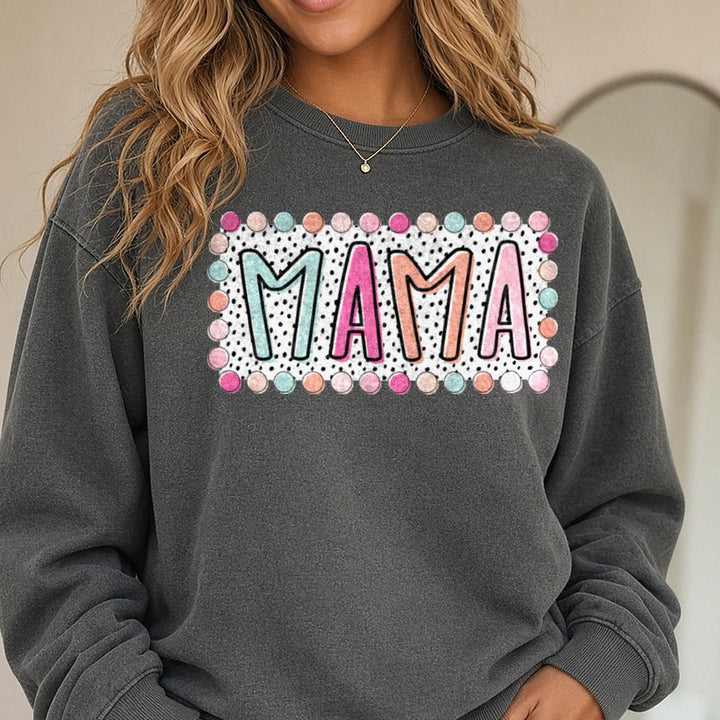 MAMA Colorful Retro Letters with Polka Dots and Circles DTF transfer shown on a Comfort Colors sweatshirt