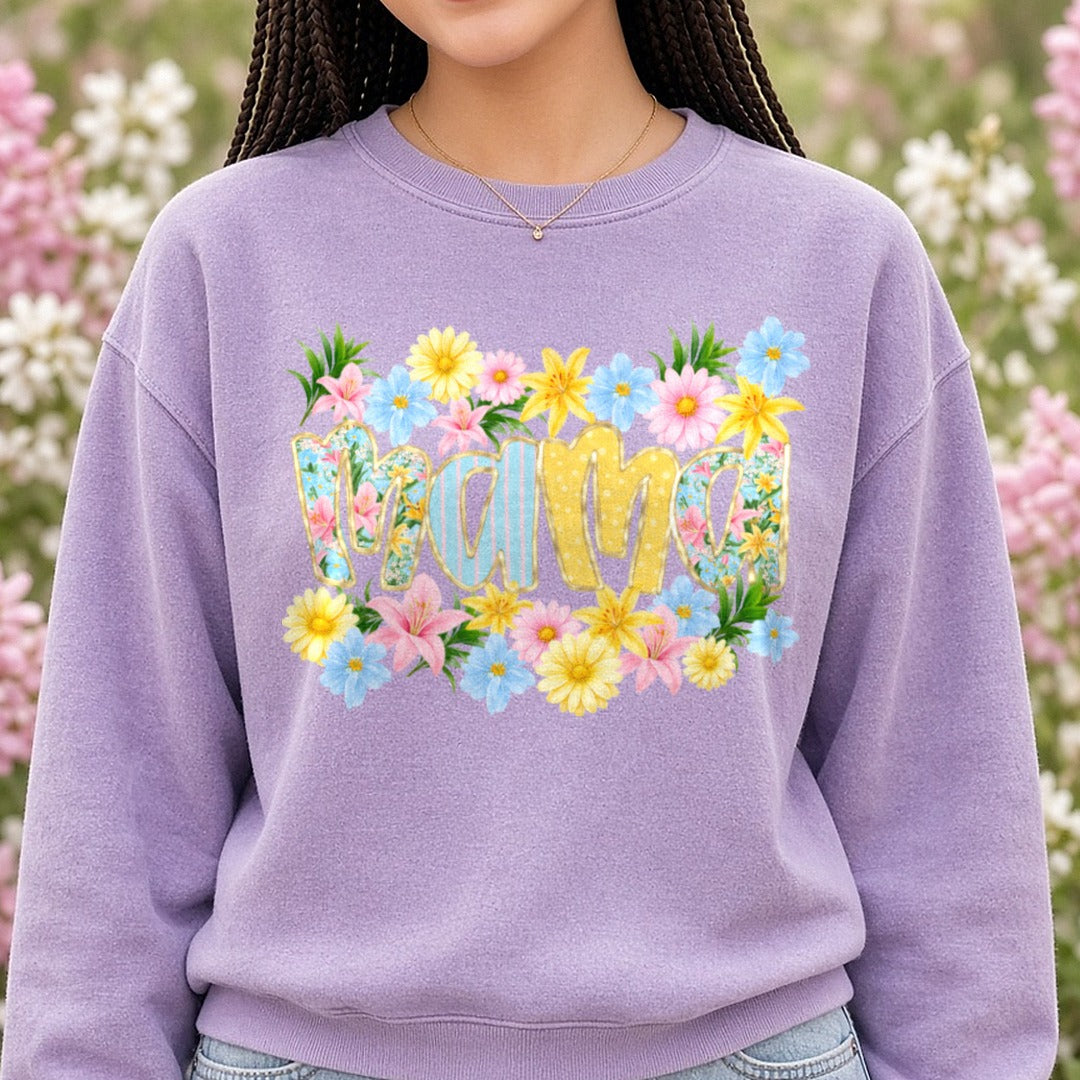 Mama Floral Letters with Spring Flowers and Tropical Blooms DTF transfer shown on a Comfort Colors sweatshirt