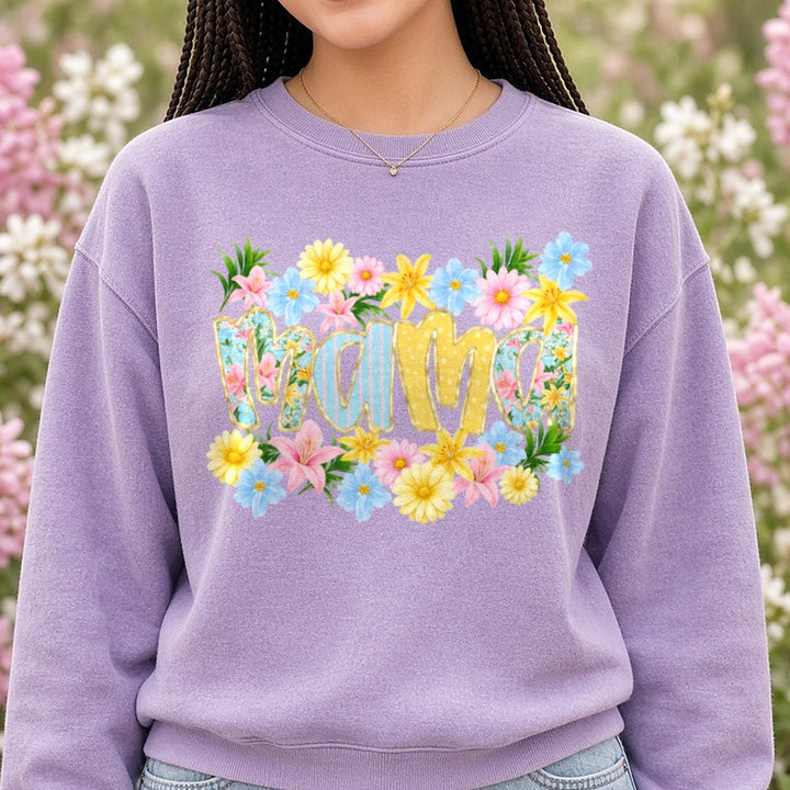 Mama Floral Letters with Spring Flowers and Tropical Blooms DTF transfer shown on a Comfort Colors sweatshirt