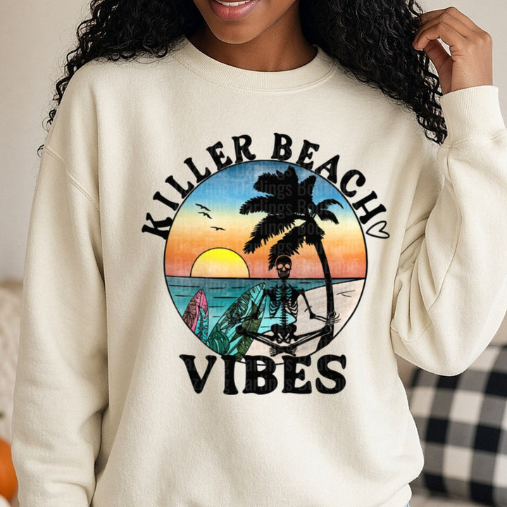Killer Beach Vibes Skeleton Tropical Sunset Paradise DTF transfer shown on a Comfort Colors sweatshirt