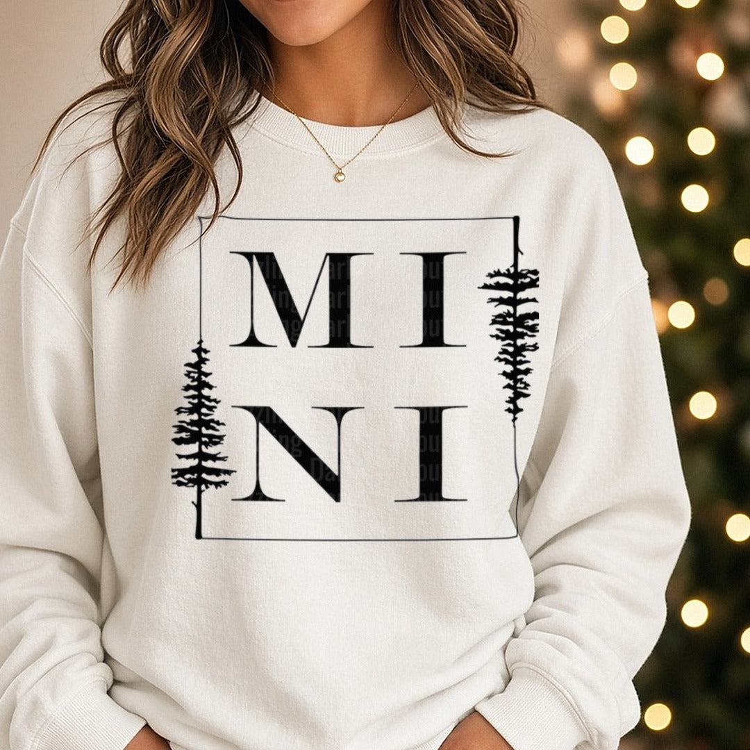 Minnesota State Abbreviation MN with Pine Trees DTF transfer shown on a Comfort Colors sweatshirt