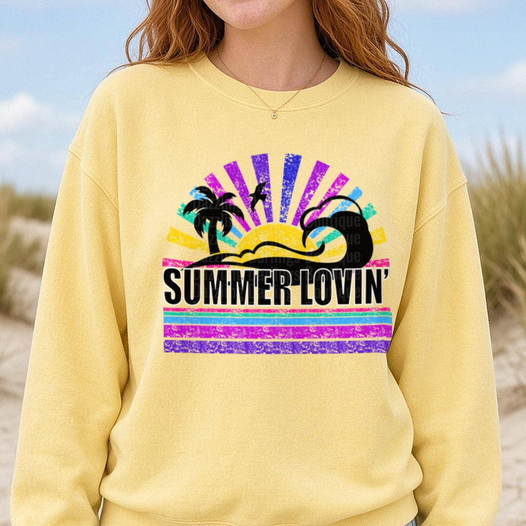 Summer Lovin' Retro Sunset Palm Tree Beach Vibes DTF transfer shown on a Comfort Colors sweatshirt