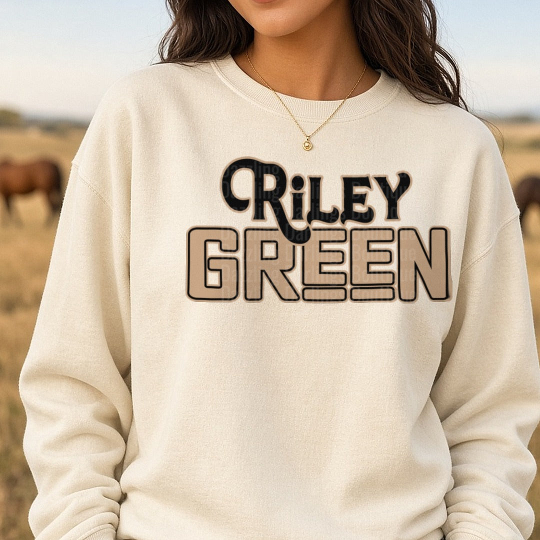 Riley Green Country Music Artist Name Typography Design DTF transfer shown on a Comfort Colors sweatshirt