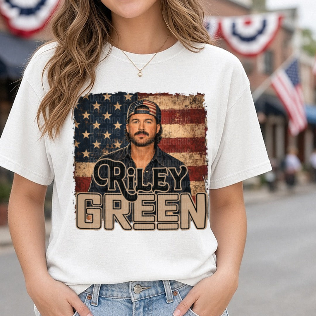 Riley Green Country Music Star Vintage American Flag Portrait DTF transfer shown on a Comfort Colors tee