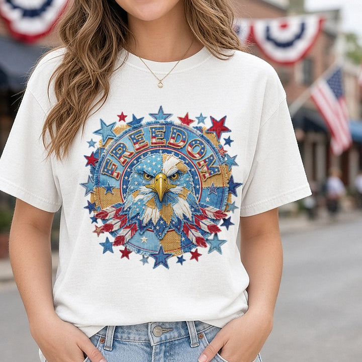 Patriotic Bald Eagle Freedom Stars and Feathers Embroidered Style DTF transfer shown on a Comfort Colors tee