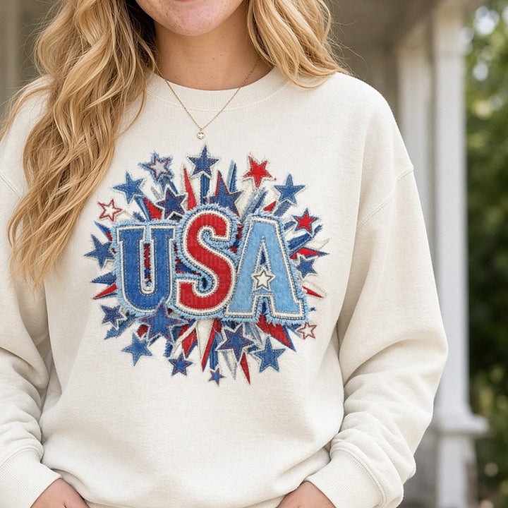 USA Patriotic Stars Burst Embroidered Style Design DTF transfer shown on a Comfort Colors sweatshirt