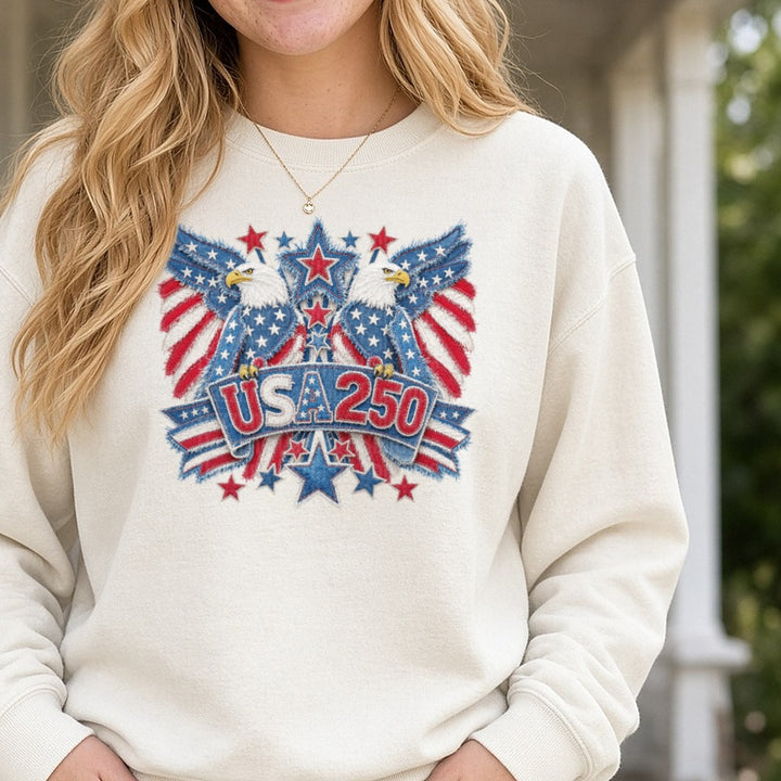 USA 250 Patriotic Eagle Wings American Flag Stars Design DTF transfer shown on a Comfort Colors sweatshirt