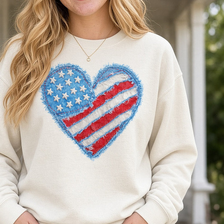 Distressed Denim Patch American Flag Heart with Frayed Edges DTF transfer shown on a Comfort Colors sweatshirt
