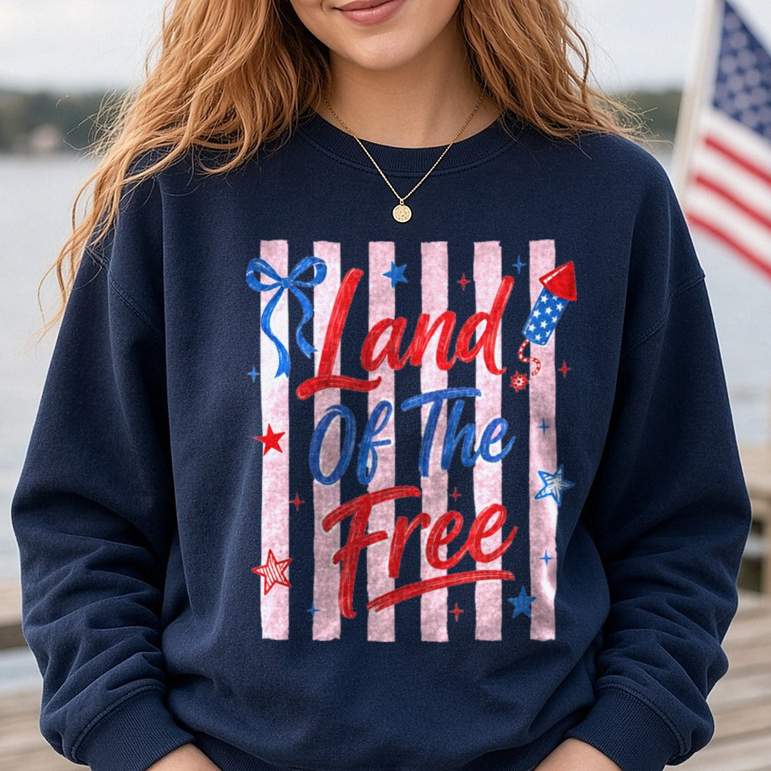 Land Of The Free Patriotic Red White Blue Stars Bow Rocket DTF transfer shown on a Comfort Colors sweatshirt