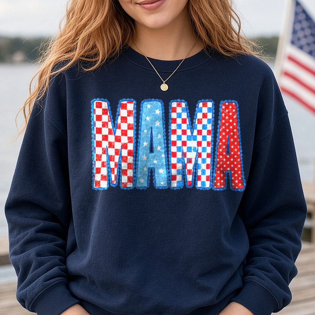 Patriotic MAMA Red White Blue Stars Checkered Block Letters DTF transfer shown on a Comfort Colors sweatshirt