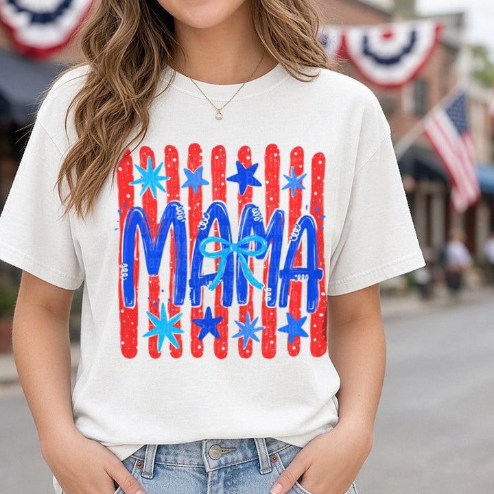 Patriotic Mama Bold Lettering Red White Blue Stars DTF transfer shown on a Comfort Colors tee
