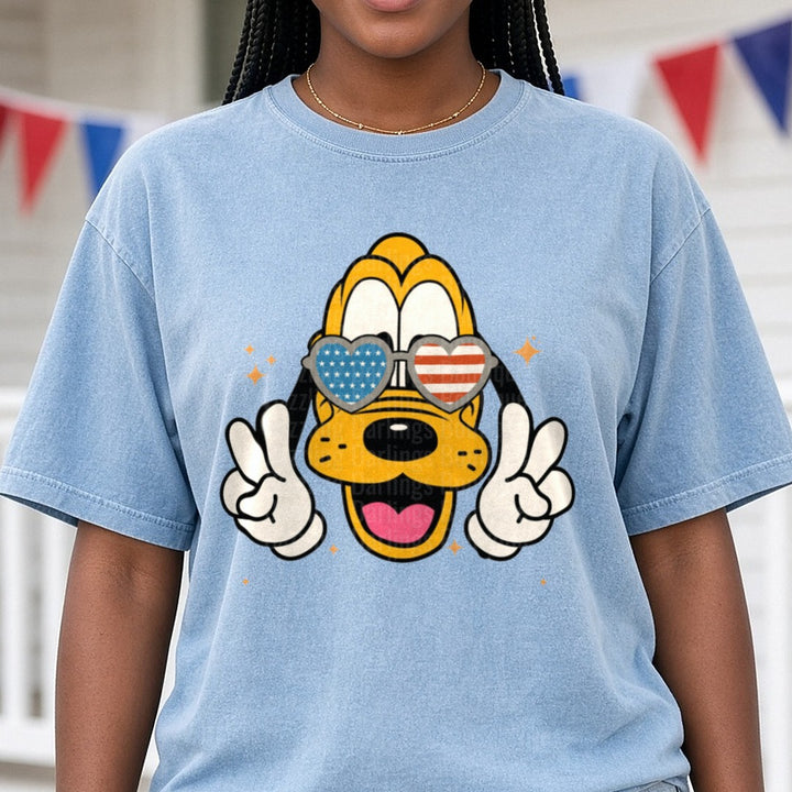 Pluto Patriotic Heart Sunglasses Peace Signs Fourth of July DTF transfer shown on a Comfort Colors tee