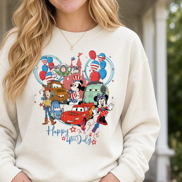 Disney Characters Happy 4th of July Patriotic Castle Balloon DTF transfer shown on a Comfort Colors sweatshirt