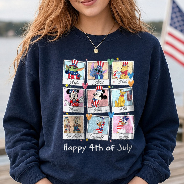 Disney Characters Patriotic July 4th Polaroid Photo Grid DTF transfer shown on a Comfort Colors sweatshirt