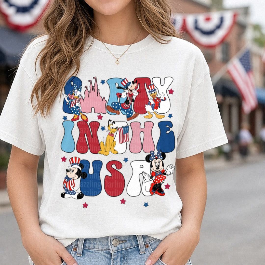 Party In The USA Mickey Mouse and Friends Patriotic 4th of July DTF transfer shown on a Comfort Colors tee