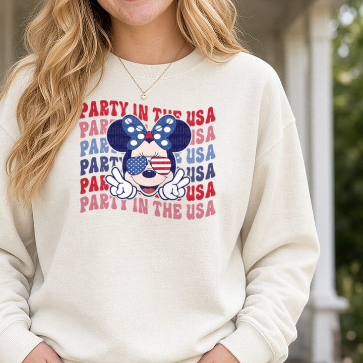 Minnie Mouse Party In The USA Patriotic American Flag Sunglasses DTF transfer shown on a Comfort Colors sweatshirt