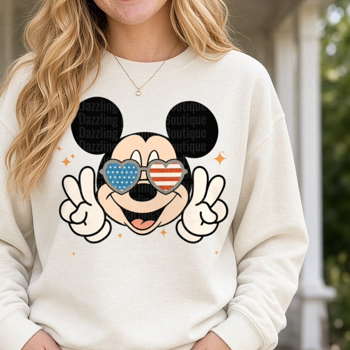 Mickey Mouse Patriotic Heart Sunglasses Peace Signs 4th July DTF transfer shown on a Comfort Colors sweatshirt