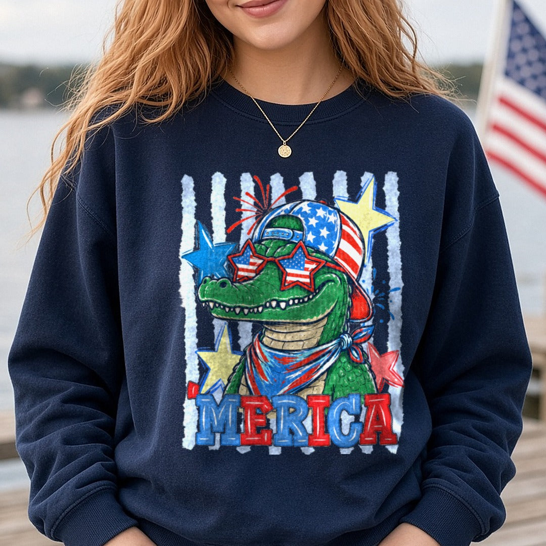 Patriotic Alligator American Flag Hat Star Sunglasses 'Merica DTF transfer shown on a Comfort Colors sweatshirt