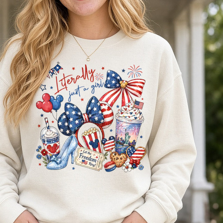 Literally Just A Girl Patriotic 4th of July Disney Minnie DTF transfer shown on a Comfort Colors sweatshirt