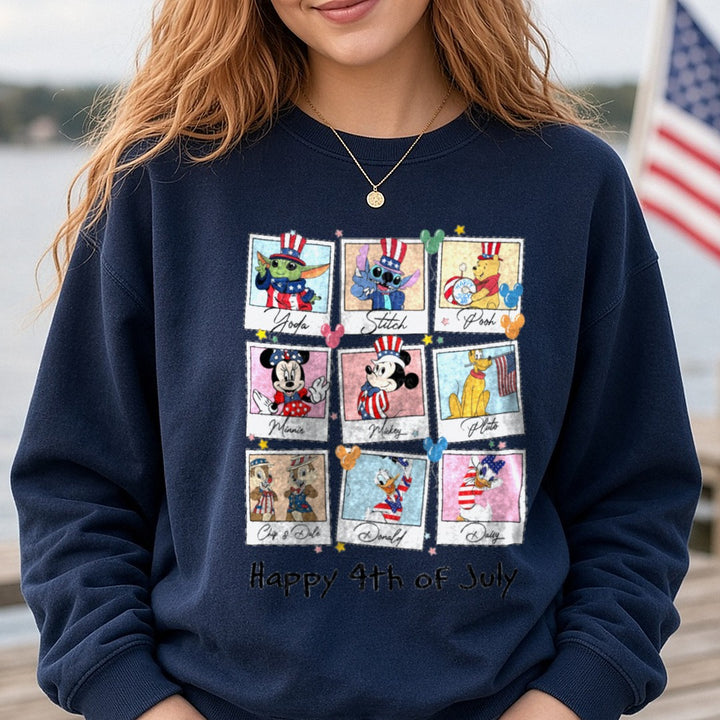 Disney Characters Patriotic Polaroid Happy 4th of July Grid DTF transfer shown on a Comfort Colors sweatshirt