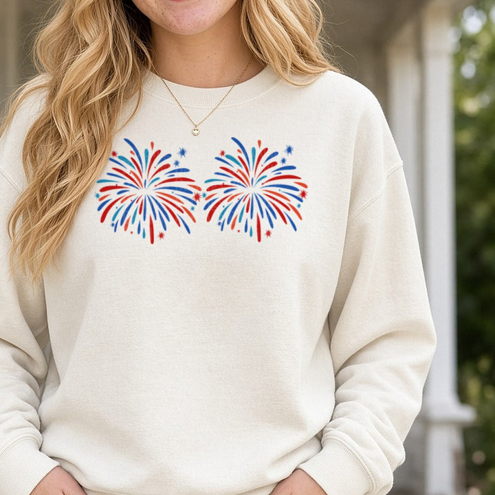 Red White Blue Patriotic Fireworks Burst Duo DTF transfer shown on a Comfort Colors sweatshirt