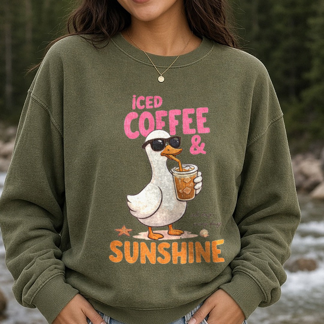 Iced Coffee & Sunshine Cool Duck in Sunglasses All Day Every Day DTF transfer shown on a Comfort Colors sweatshirt
