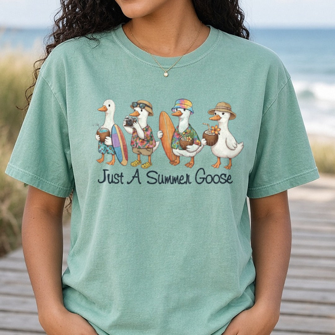 Just A Summer Goose Tropical Beach Vacation Geese Quartet DTF transfer shown on a Comfort Colors tee