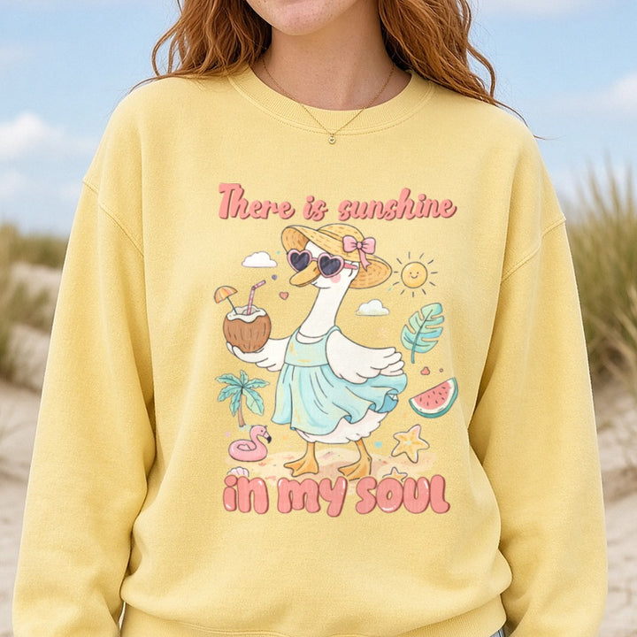 There Is Sunshine In My Soul Beach Goose Summer Vibes DTF transfer shown on a Comfort Colors sweatshirt