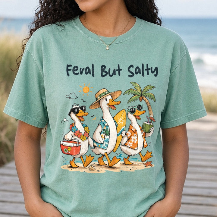 Feral But Salty Beach Ducks In Hawaiian Shirts Summer Squad DTF transfer shown on a Comfort Colors tee