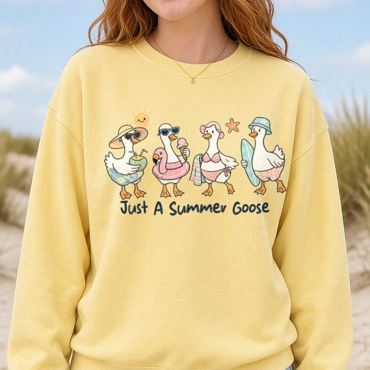 Just A Summer Goose Beach Squad Cute Geese Crew DTF transfer shown on a Comfort Colors sweatshirt