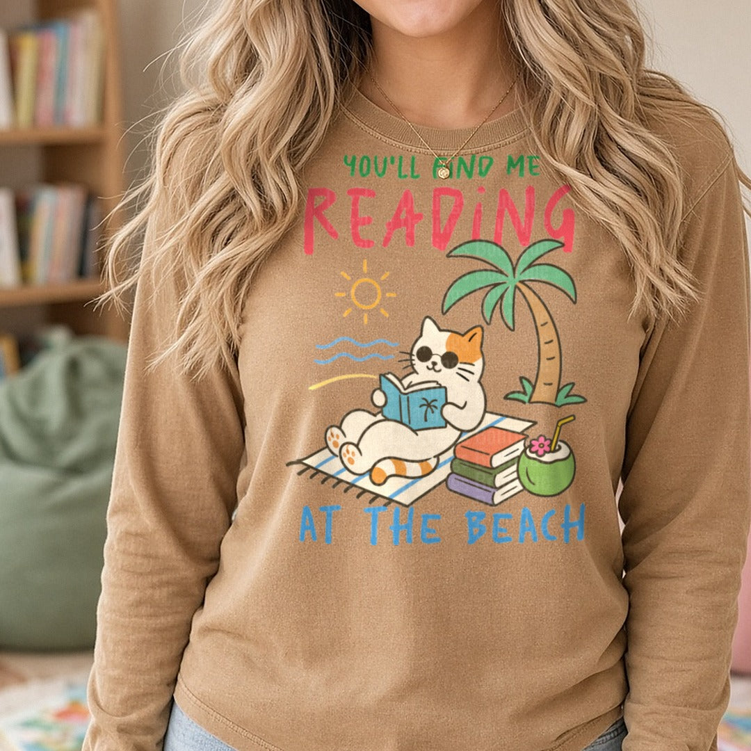 You'll Find Me Reading At The Beach Cute Cat Sunglasses DTF transfer shown on a Comfort Colors long sleeve tee