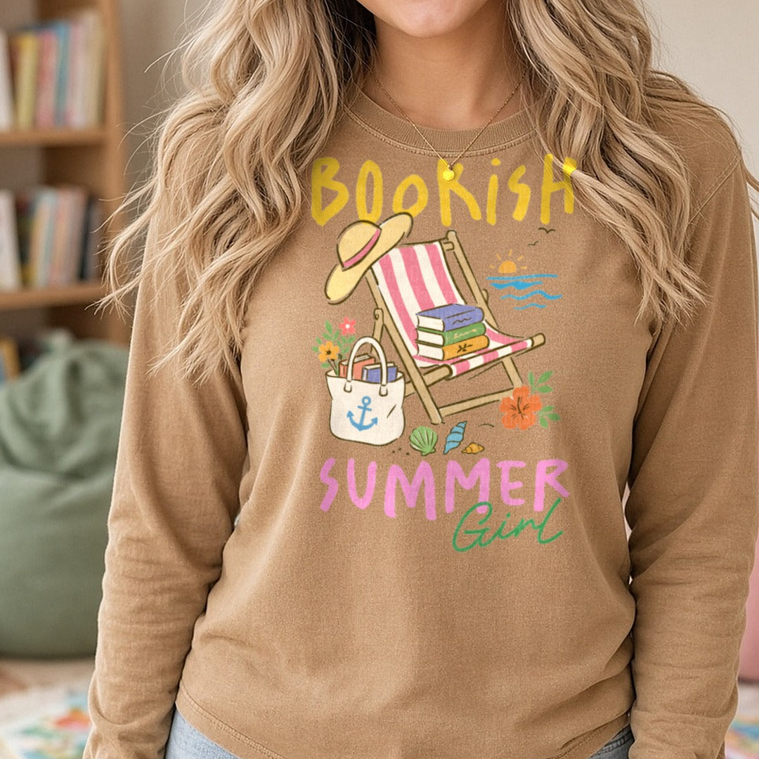 Bookish Summer Girl Beach Chair Books Tote Bag Ocean Scene DTF transfer shown on a Comfort Colors long sleeve tee