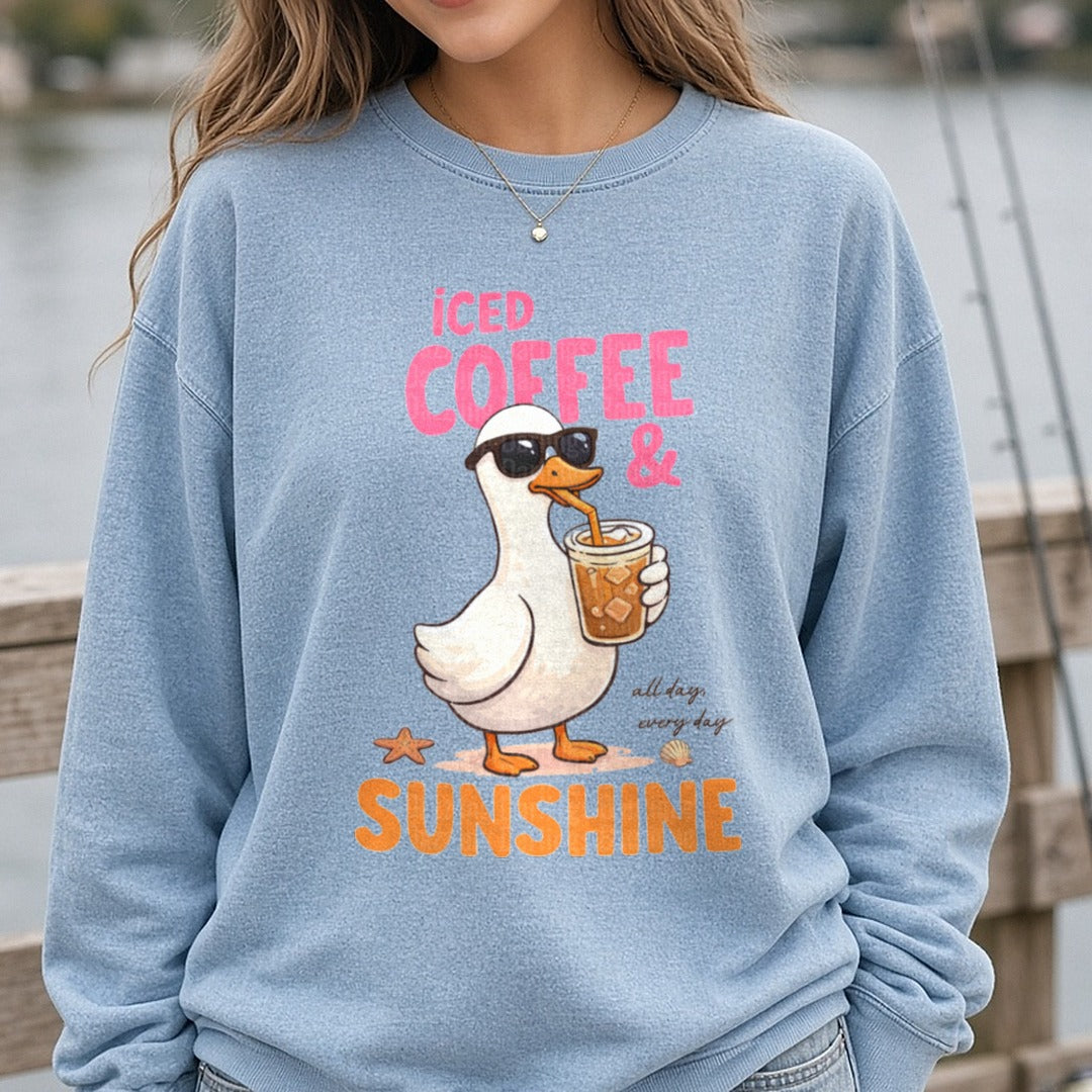Iced Coffee & Sunshine Cool Duck in Sunglasses All Day Every Day DTF transfer shown on a Comfort Colors sweatshirt