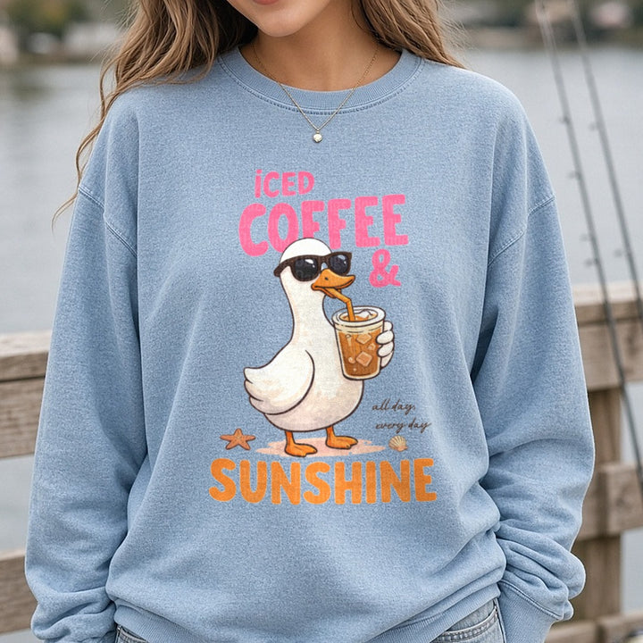 Iced Coffee & Sunshine Cool Duck in Sunglasses All Day Every Day DTF transfer shown on a Comfort Colors sweatshirt