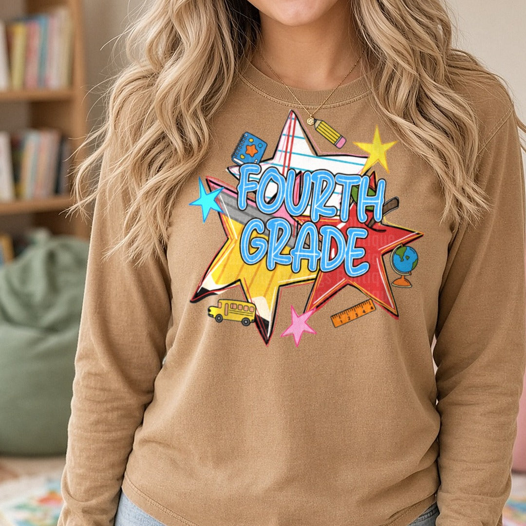 Fourth Grade School Supplies Stars Back to School Design DTF transfer shown on a Comfort Colors long sleeve tee