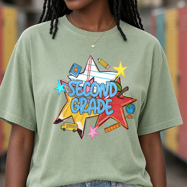 Second Grade Bold Star School Supplies Back to School Design DTF transfer shown on a Comfort Colors tee