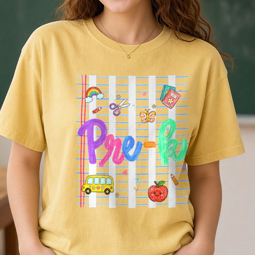 Pre-K Colorful School Doodles Rainbow Bus Apple Design DTF transfer shown on a Comfort Colors tee