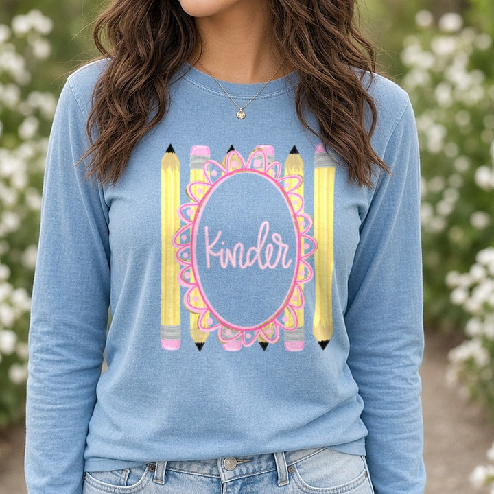 Kinder Pencils Pink Gold Floral Oval Frame Back to School DTF transfer shown on a Comfort Colors long sleeve tee